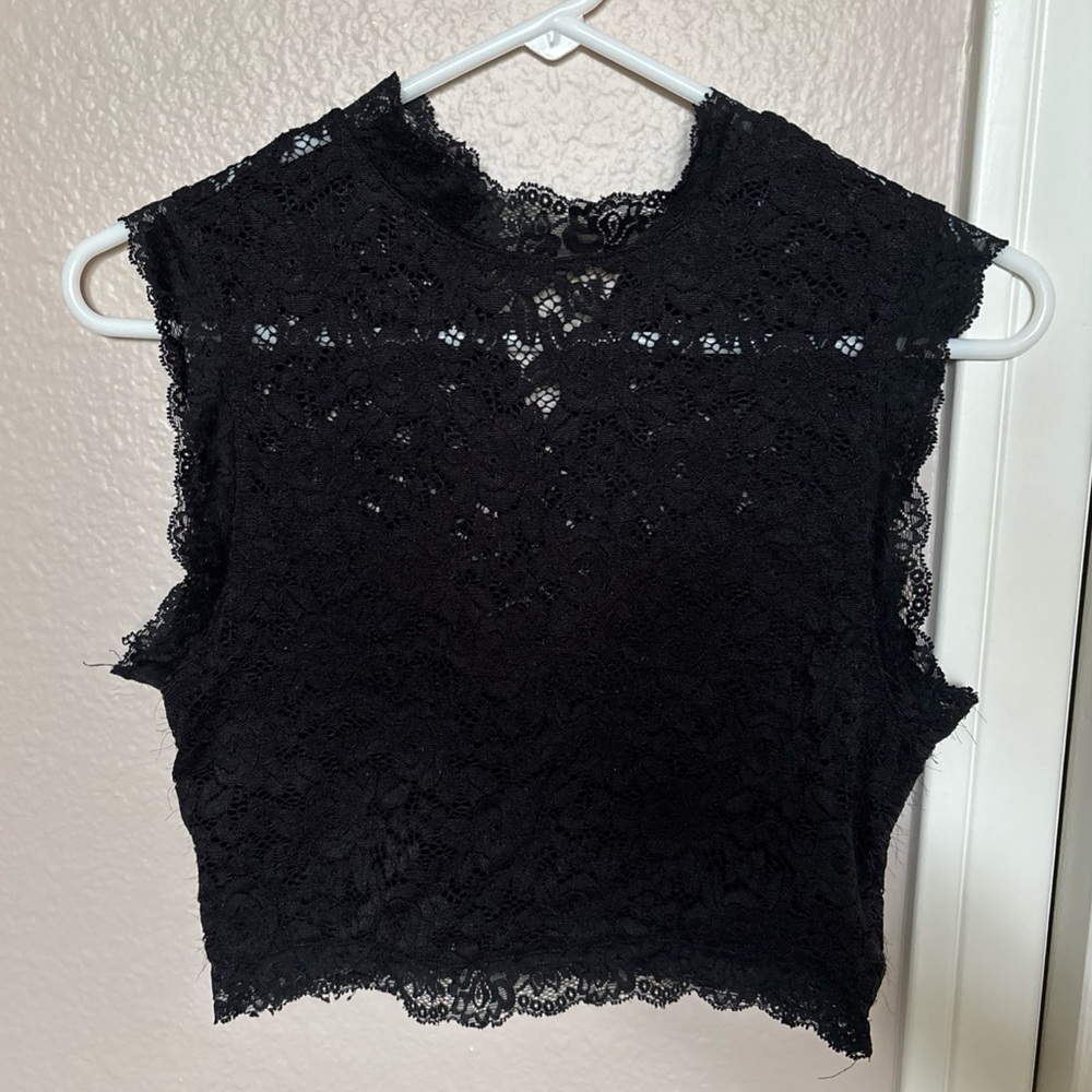 bebe Black Lace Crop Top Sleeveless Floral Sheer Scalloped Trim Women M Made USA